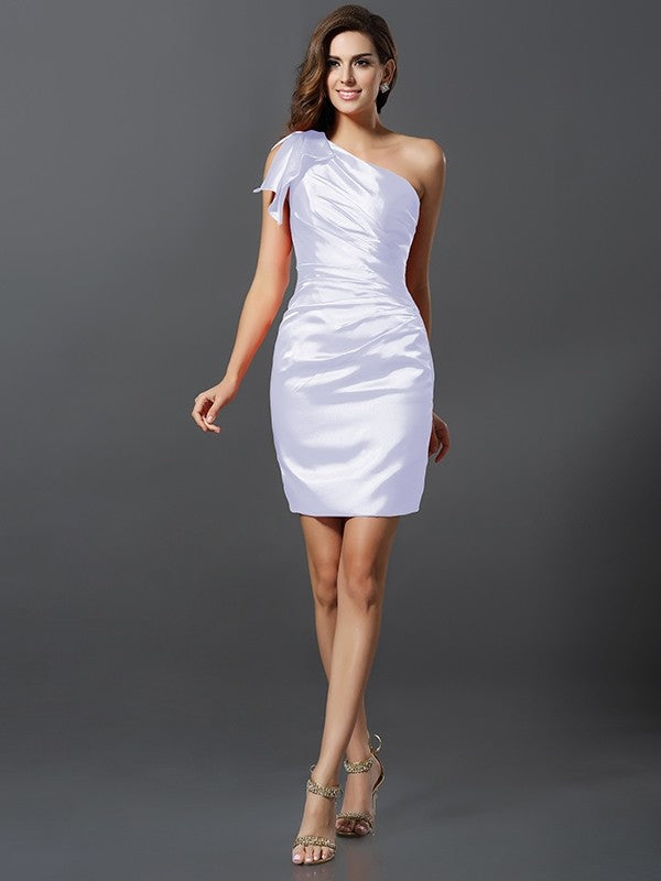 Sheath/Column One-Shoulder Pleats Sleeveless Short Elastic Woven Satin Bridesmaid Dresses TPP0005605
