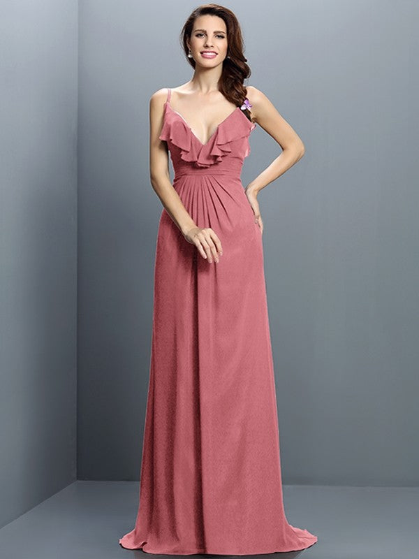 A-Line/Princess Spaghetti Straps Pleats Sleeveless Long Chiffon Bridesmaid Dresses TPP0005548