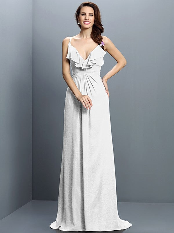 A-Line/Princess Spaghetti Straps Pleats Sleeveless Long Chiffon Bridesmaid Dresses TPP0005548