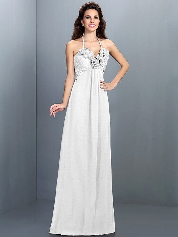 A-Line/Princess Halter Hand-Made Flower Sleeveless Long Chiffon Bridesmaid Dresses TPP0005807