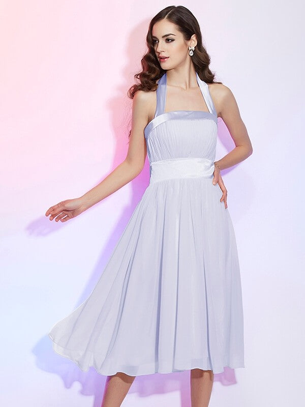 A-Line/Princess Halter Sleeveless Pleats Short Chiffon Bridesmaid Dresses TPP0005106