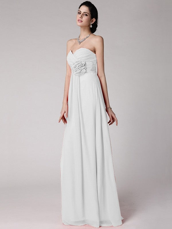 Sheath/Column Sweetheart Sleeveless Pleats Hand-Made Flower Long Chiffon Bridesmaid Dresses TPP0005798