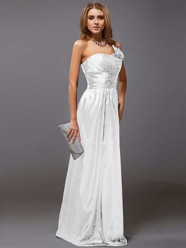 Sheath/Column One-Shoulder Sleeveless Ruffles Long Satin Bridesmaid Dresses TPP0005611
