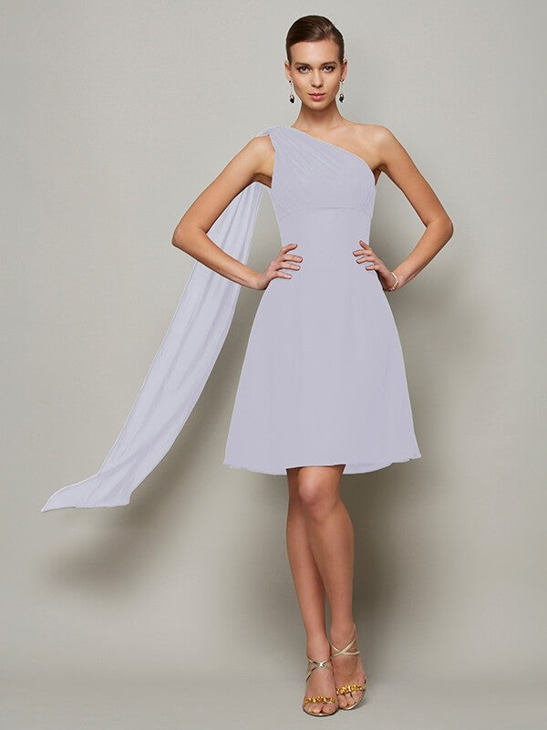 A-Line/Princess One-Shoulder Sleeveless Pleats Short Chiffon Bridesmaid Dresses TPP0005095