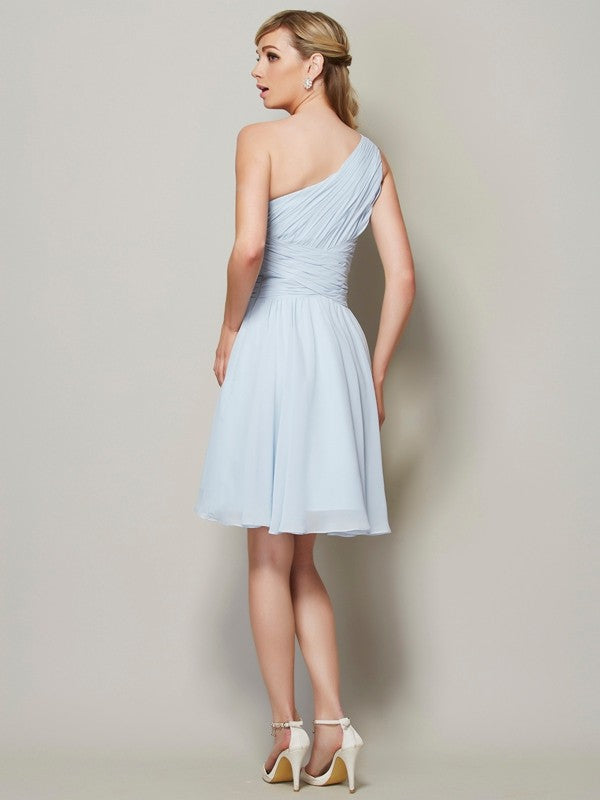 A-Line/Princess One-Shoulder Sleeveless Ruched Short Chiffon Bridesmaid Dresses TPP0005589