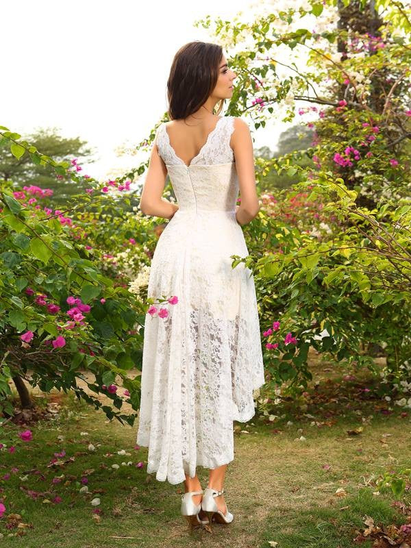 A-Line/Princess V-neck Lace Sleeveless High Low Lace Bridesmaid Dresses TPP0005125