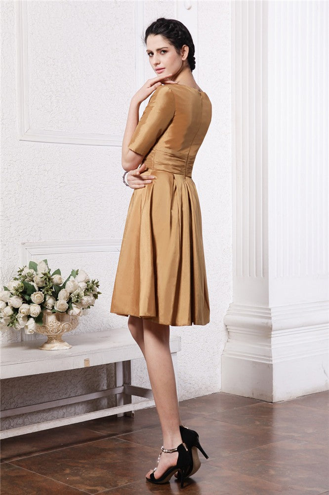 Sheath/Column V-neck Half Sleeves Pleats Taffeta Bridesmaid Dresses TPP0005658