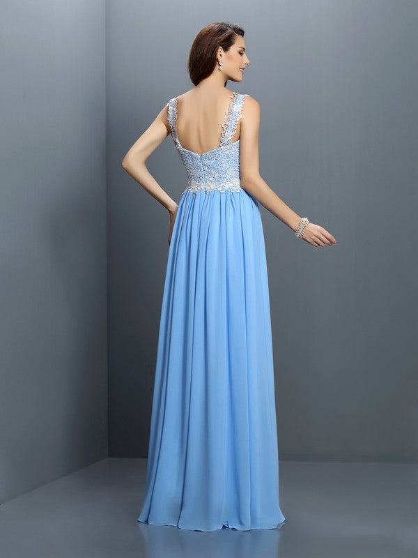 A-Line/Princess V-neck Lace Sleeveless Long Chiffon Bridesmaid Dresses TPP0005562