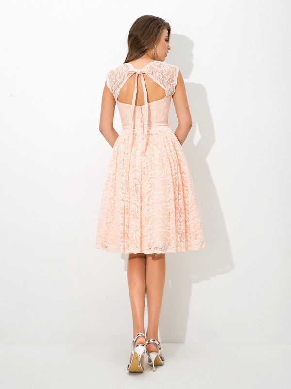 A-Line/Princess Straps Lace Sleeveless Short Lace Bridesmaid Dresses TPP0005186