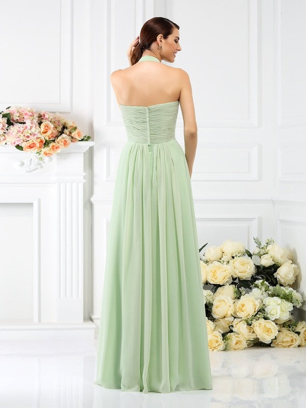 A-Line/Princess Halter Pleats Sleeveless Long Chiffon Bridesmaid Dresses TPP0005727