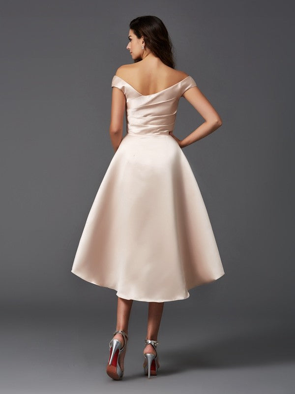 A-Line/Princess Off-the-Shoulder Sleeveless High Low Satin Bridesmaid Dresses TPP0005211