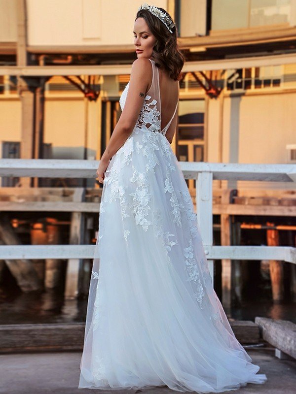 A-Line/Princess Tulle Sleeveless Applique V-neck Sweep/Brush Train Wedding Dresses TPP0006027