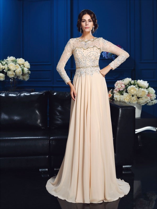 A-Line/Princess Scoop Beading Long Sleeves Long Chiffon Mother of the Bride Dresses TPP0007085