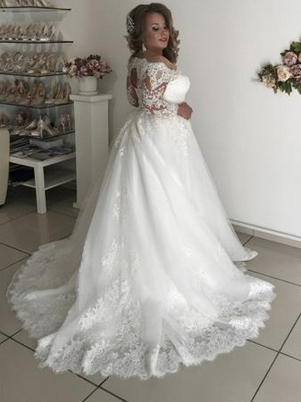 A-Line/Princess Off-the-Shoulder Long Sleeves Sweep/Brush Train Lace Tulle Wedding Dresses TPP0005965