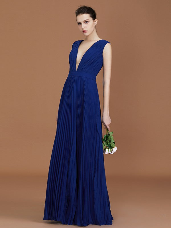 A-Line/Princess V-neck Sleeveless Pleated Floor-Length Chiffon Bridesmaid Dress TPP0005785