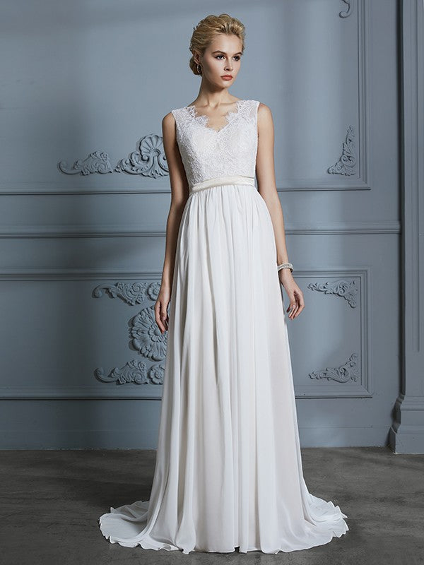 A-Line/Princess Sleeveless V-neck Chiffon Court Train Wedding Dresses TPP0006288