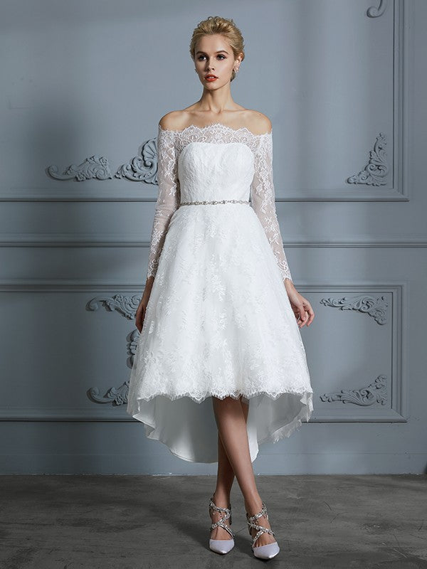 A-Line/Princess Long Sleeves Off-the-Shoulder Asymmetrical Lace Wedding Dresses TPP0006338