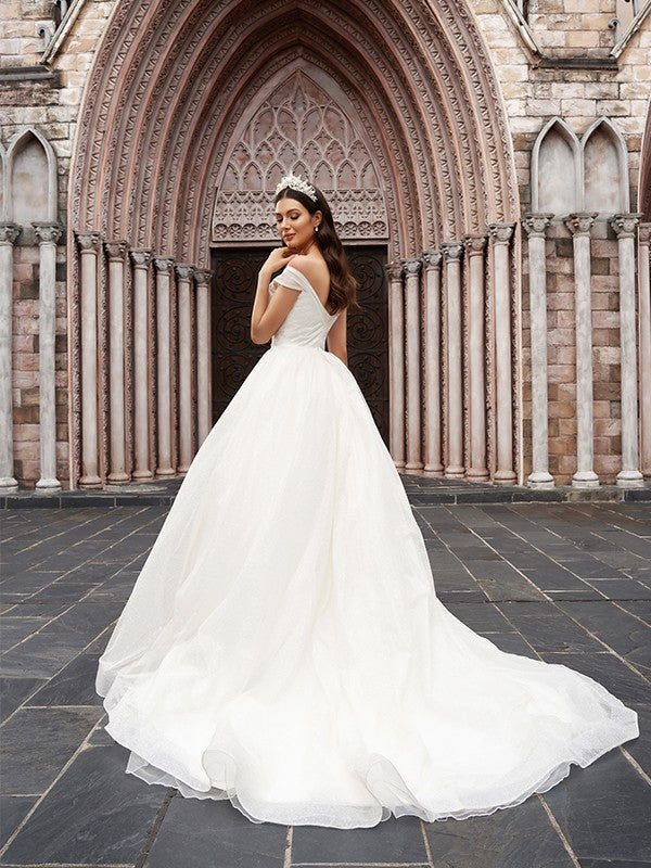Ball Gown Tulle Ruched Off-the-Shoulder Sleeveless Court Train Wedding Dresses TPP0006119