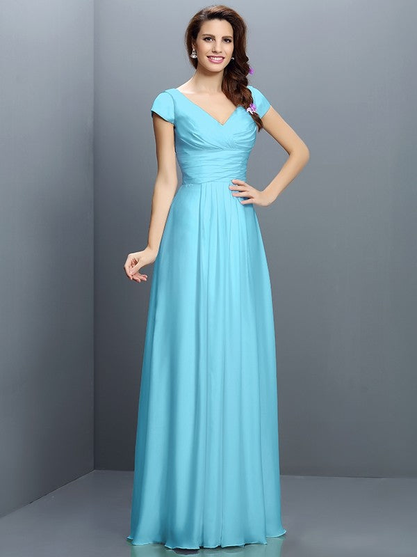 A-Line/Princess V-neck Pleats Short Sleeves Long Chiffon Bridesmaid Dresses TPP0005256