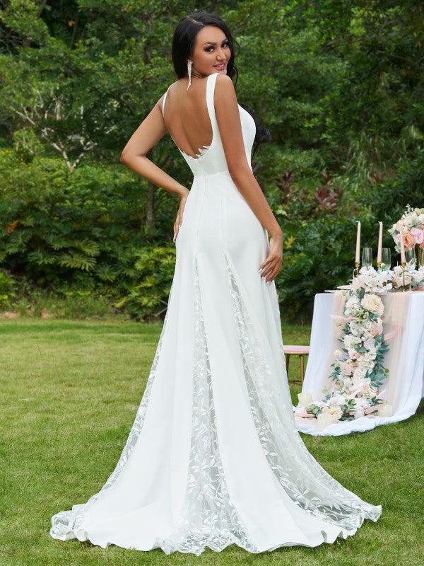 A-Line/Princess Lace Ruffles Straps Sleeveless Sweep/Brush Train Wedding Dresses TPP0006536
