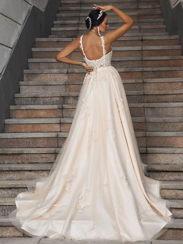 A-Line/Princess Tulle Applique Straps Sleeveless Court Train Wedding Dresses TPP0006403