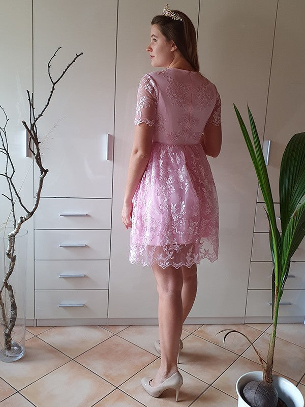 A-Line/Princess Short Sleeves Organza Sheer Neck Applique Short/Mini Homecoming Dresses TPP0004782