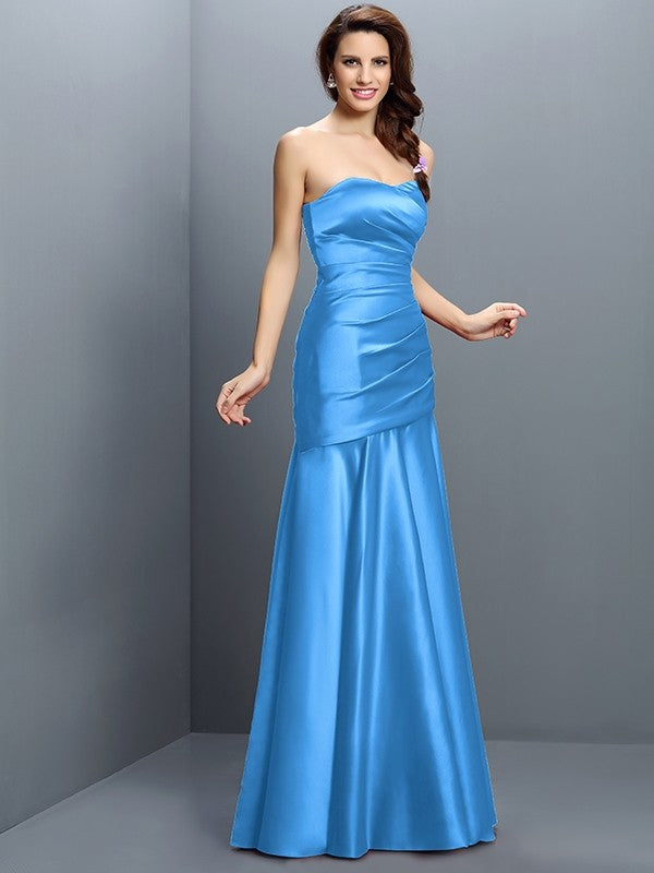 A-Line/Princess Strapless Ruched Sleeveless Long Satin Bridesmaid Dresses TPP0005407