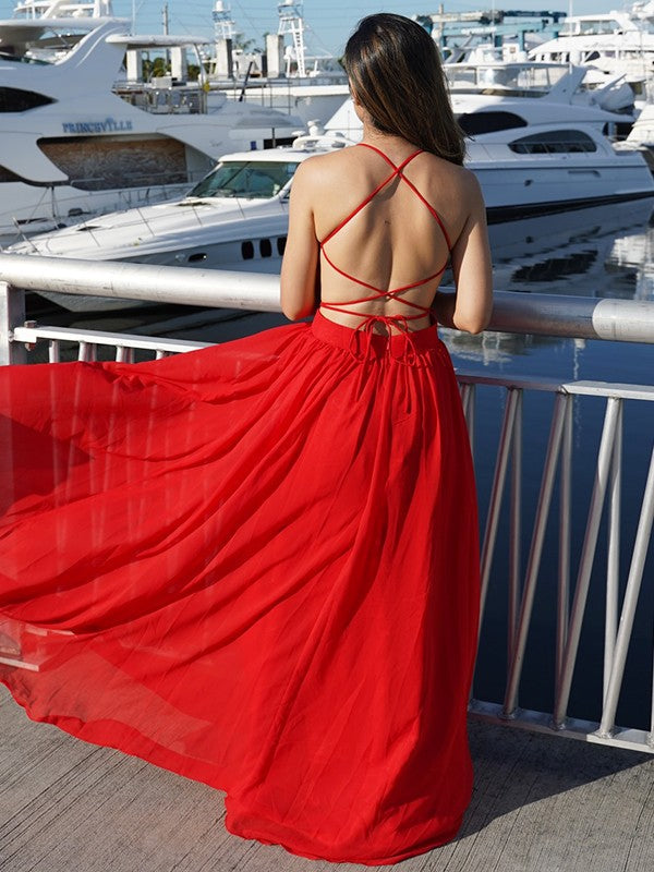 A-Line/Princess Chiffon Ruched V-neck Sleeveless Floor-Length Dresses TPP0004862