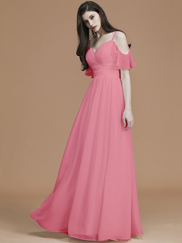 A-Line/Princess Spaghetti Straps Sleeveless Floor-Length Ruffles Chiffon Bridesmaid Dresses TPP0005400