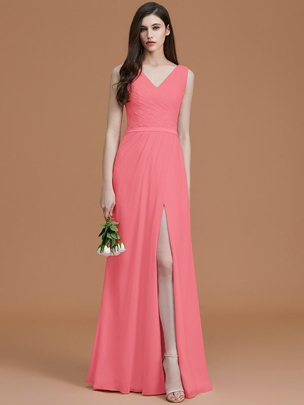 A-Line/Princess V-neck Sleeveless Floor-Length Ruched Chiffon Bridesmaid Dresses TPP0005284