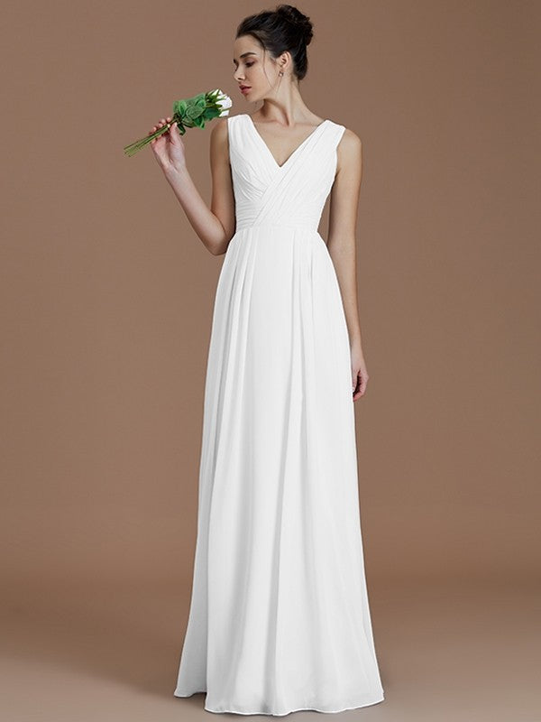 A-Line/Princess V-neck Sleeveless Ruched Floor-Length Chiffon Bridesmaid Dresses TPP0005037
