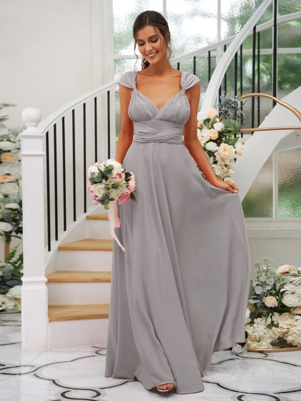 A-Line/Princess Jersey Ruched V-neck Sleeveless Floor-Length Bridesmaid Dresses TPP0005824
