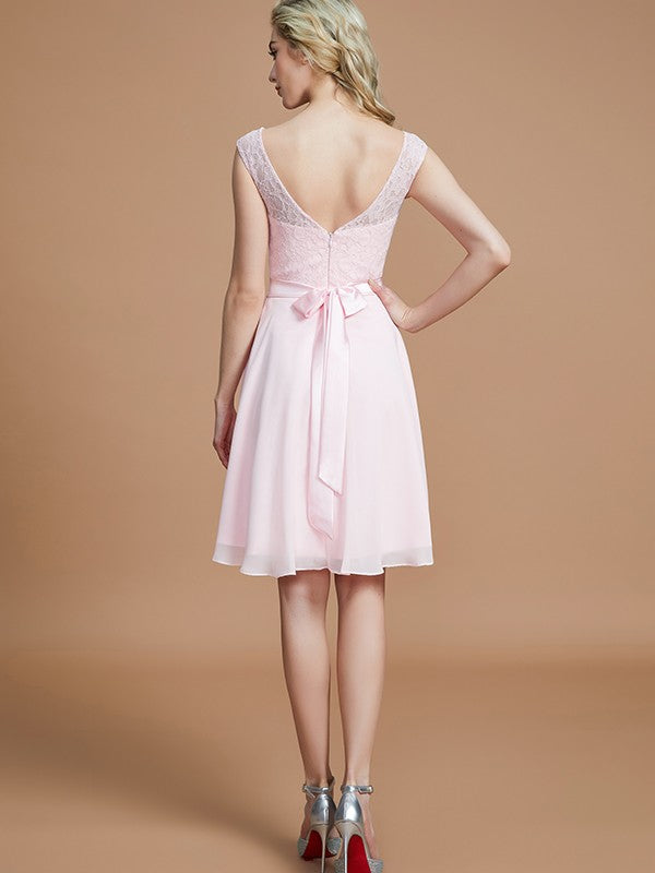 A-Line/Princess Bateau Sleeveless Lace Short/Mini Chiffon Bridesmaid Dresses TPP0005467