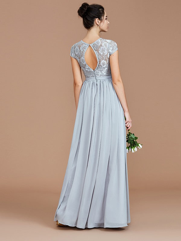 A-Line/Princess Jewel Short Sleeves Lace Floor-Length Chiffon Bridesmaid Dresses TPP0005264