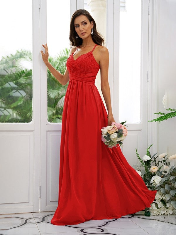 A-Line/Princess Chiffon Ruched V-neck Sleeveless Floor-Length Bridesmaid Dresses TPP0004928