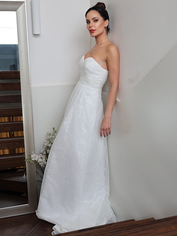 A-Line/Princess Ruched Sweetheart Sleeveless Sweep/Brush Train Wedding Dresses TPP0006455