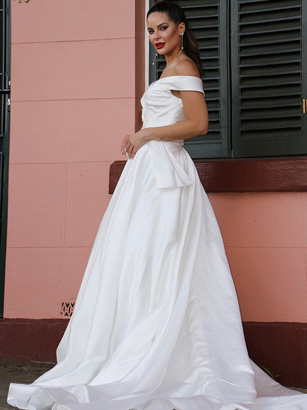 A-Line/Princess Satin Ruched Off-the-Shoulder Sleeveless Court Train Wedding Dresses TPP0006147