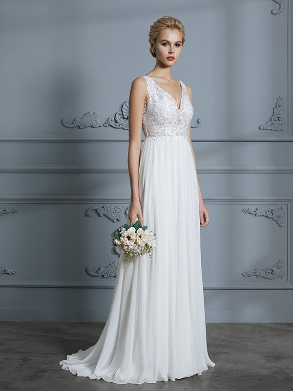 A-Line/Princess Sleeveless V-neck Sweep/Brush Train Chiffon Wedding Dresses TPP0006388