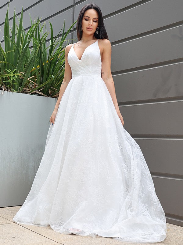 A-Line/Princess Lace Ruched V-neck Sleeveless Sweep/Brush Train Wedding Dresses TPP0006312
