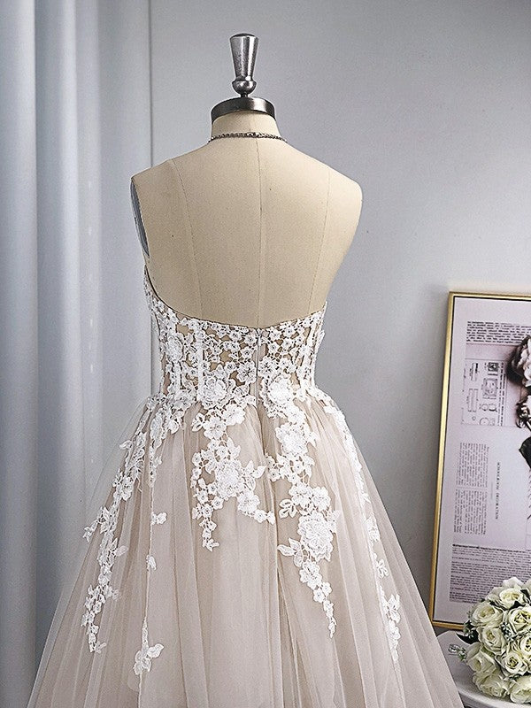 A-Line/Princess Tulle Applique Sweetheart Sleeveless Sweep/Brush Train Wedding Dresses TPP0006030