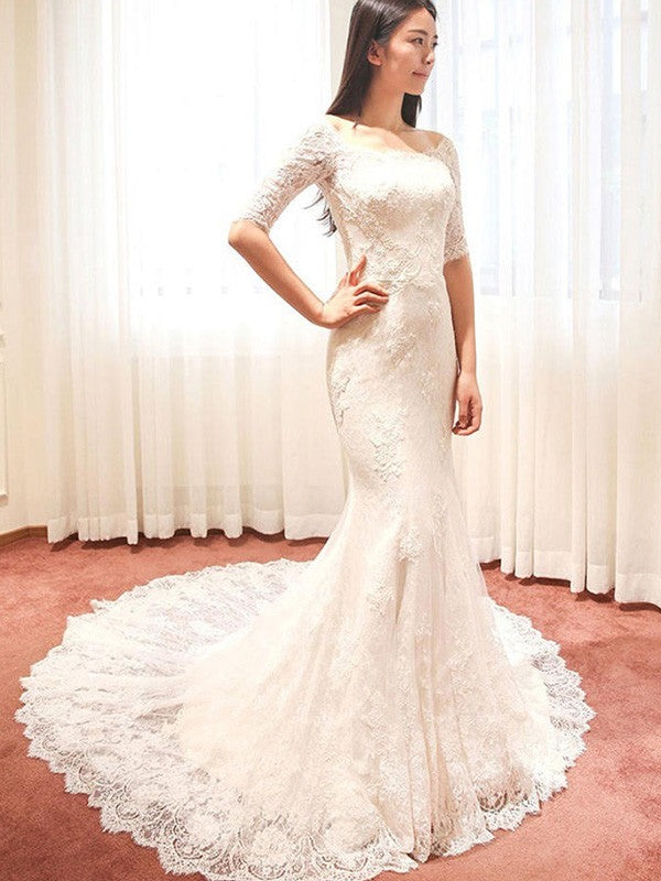 Trumpet/Mermaid 1/2 Sleeves Square Cathedral Train Applique Lace Wedding Dresses TPP0006540
