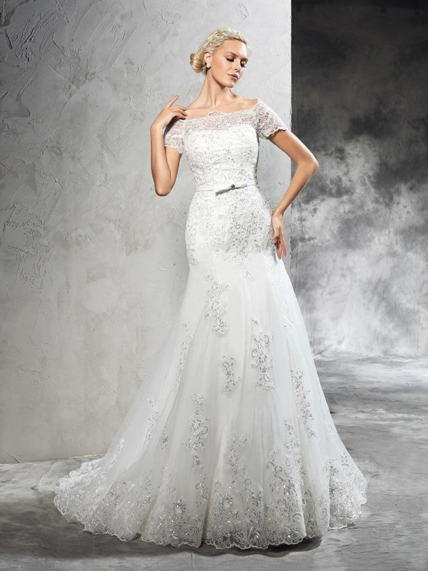 Sheath/Column Off-the-Shoulder Applique Short Sleeves Long Net Wedding Dresses TPP0006450