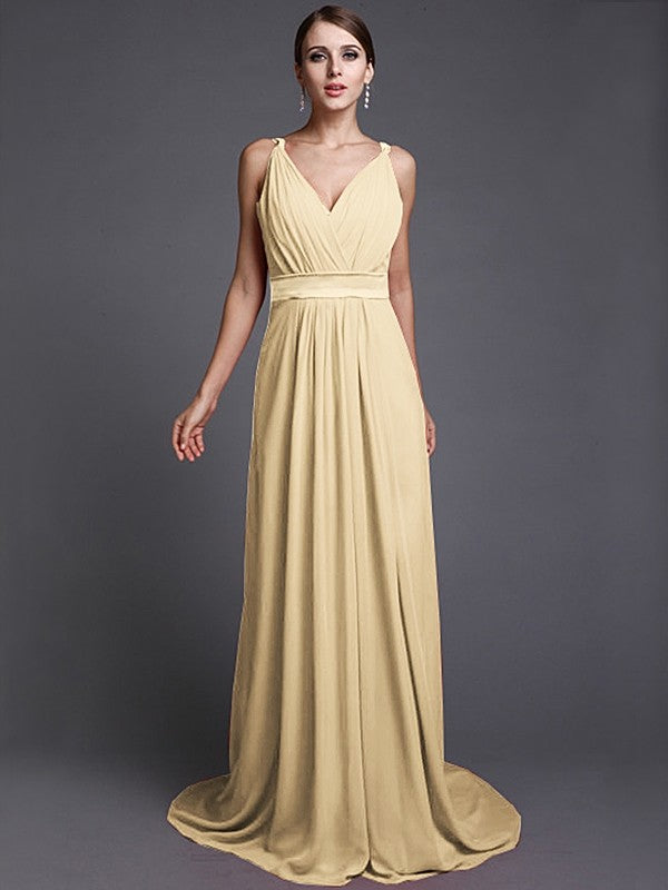 A-Line/Princess V-neck Sleeveless Long Ruffles Chiffon Bridesmaid Dresses TPP0005515