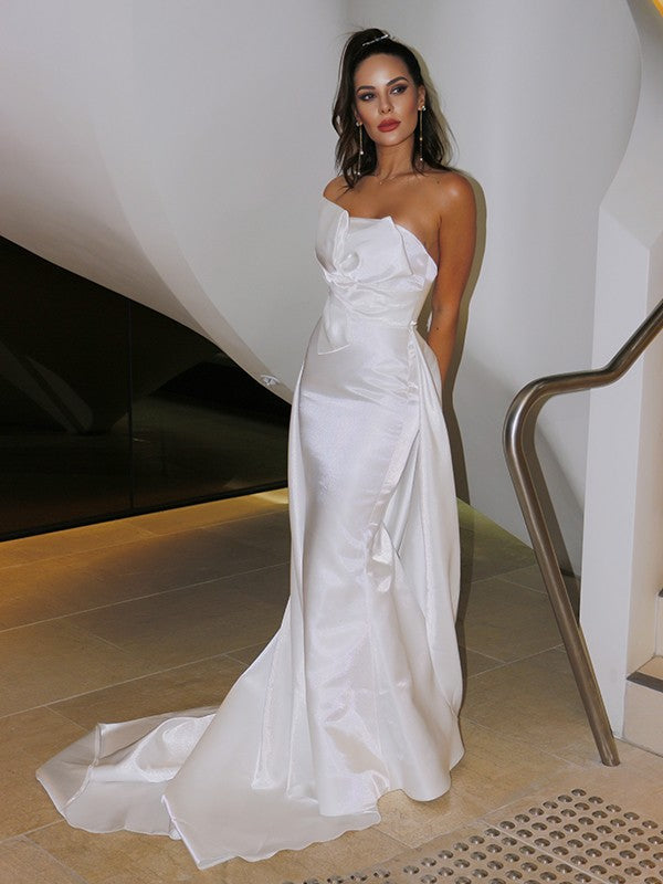 A-Line/Princess Satin Ruched Strapless Sleeveless Court Train Wedding Dresses TPP0006532