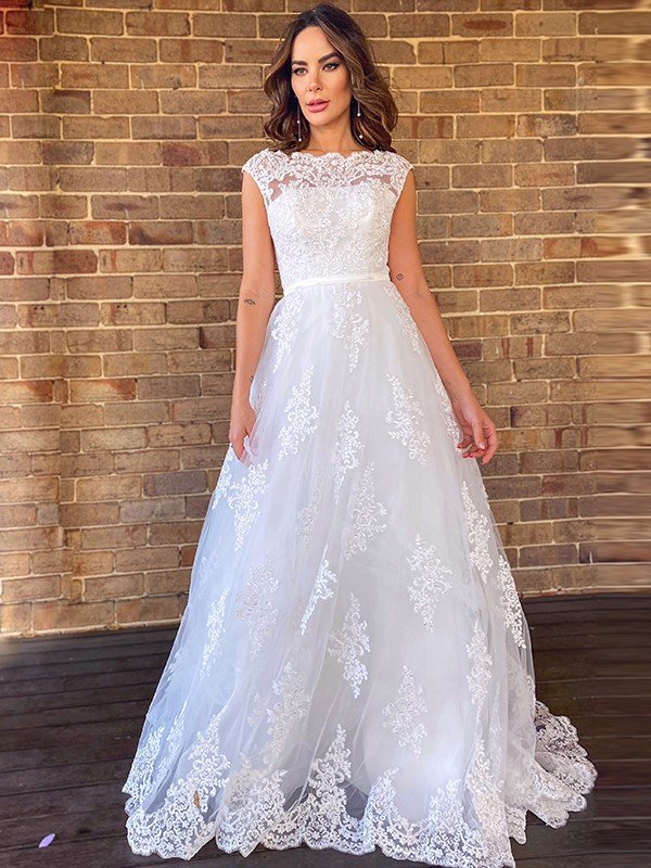 A-Line/Princess Lace Sleeveless Scoop Sweep/Brush Train Wedding Dresses TPP0006152