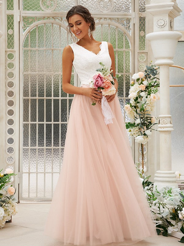 A-Line/Princess Tulle Lace V-neck Sleeveless Floor-Length Bridesmaid Dresses TPP0004942