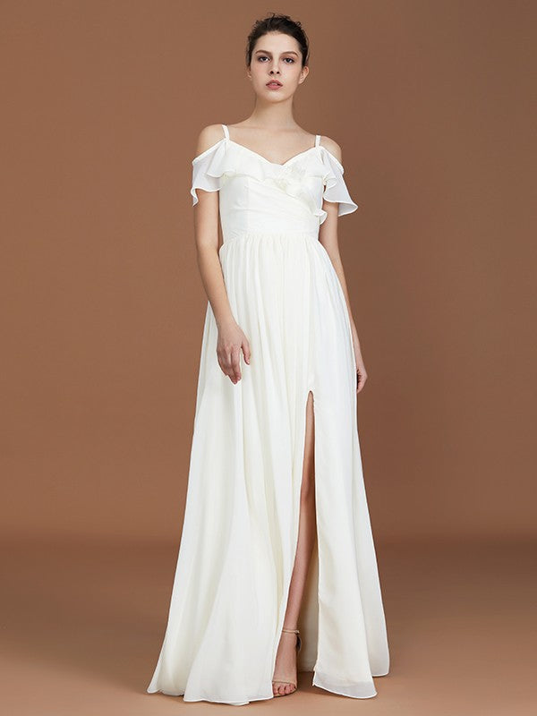 A-Line/Princess Short Sleeves Spaghetti Straps Ruched V-neck Floor-Length Chiffon Bridesmaid Dresses TPP0005580