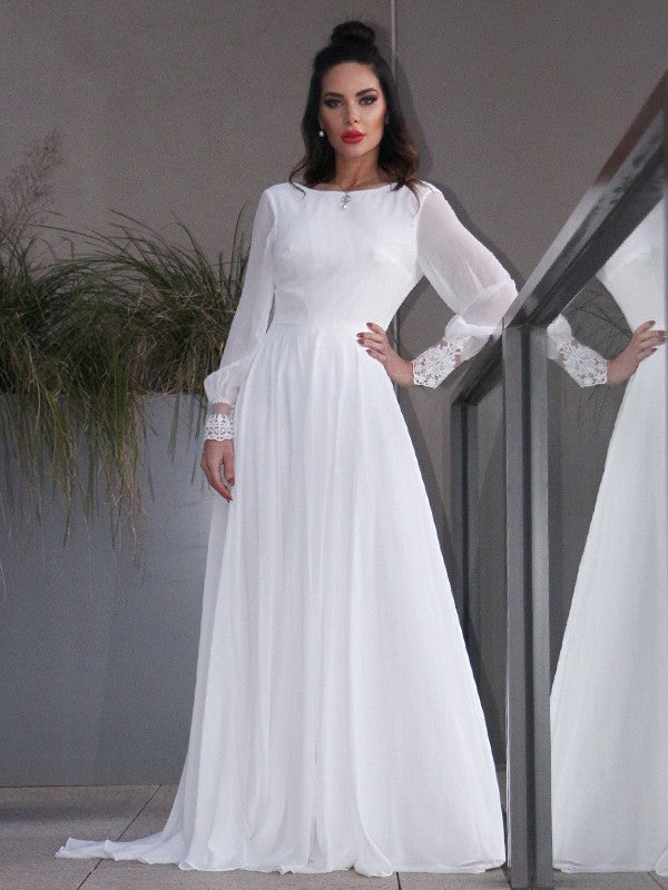 A-Line/Princess Chiffon Ruffles Long Sleeves Scoop Sweep/Brush Train Wedding Dresses TPP0006511