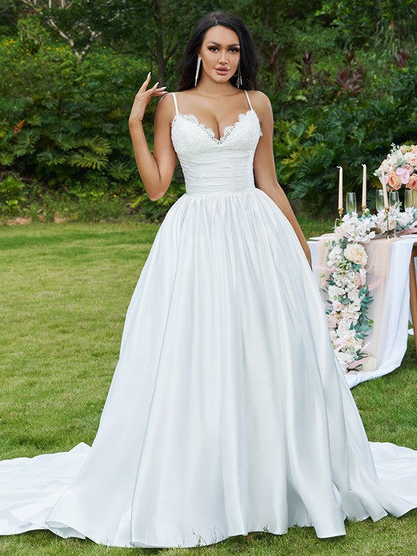 Ball Gown Lace Ruffles V-neck Sleeveless Sweep/Brush Train Wedding Dresses TPP0005959