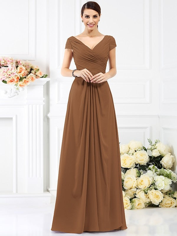 A-Line/Princess V-neck Pleats Short Sleeves Long Chiffon Bridesmaid Dresses TPP0005128